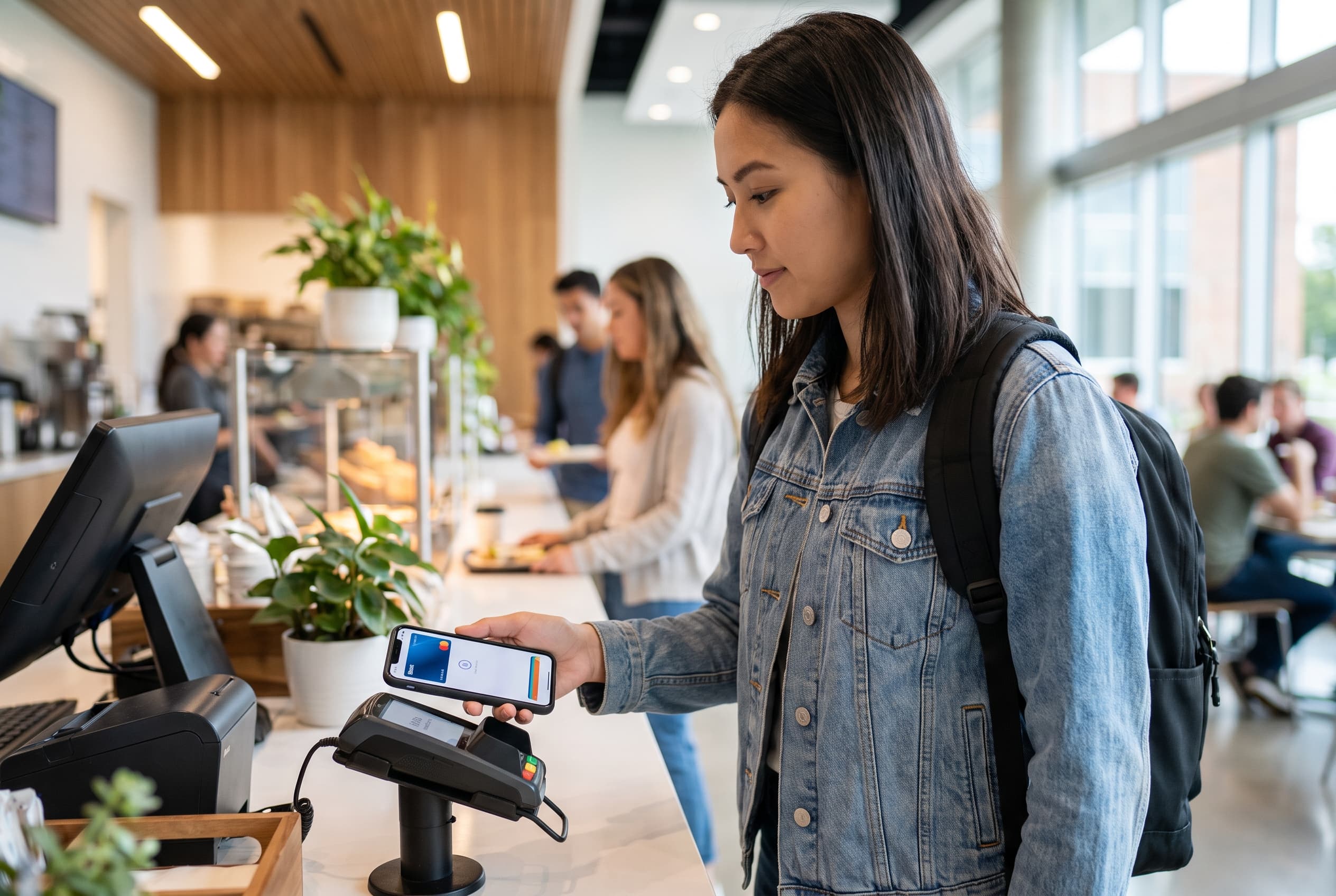 Étudiant payant avec son smartphone en magasin